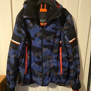 Men's Camouflage Ski Jacket in Blue and Black with Orange Details